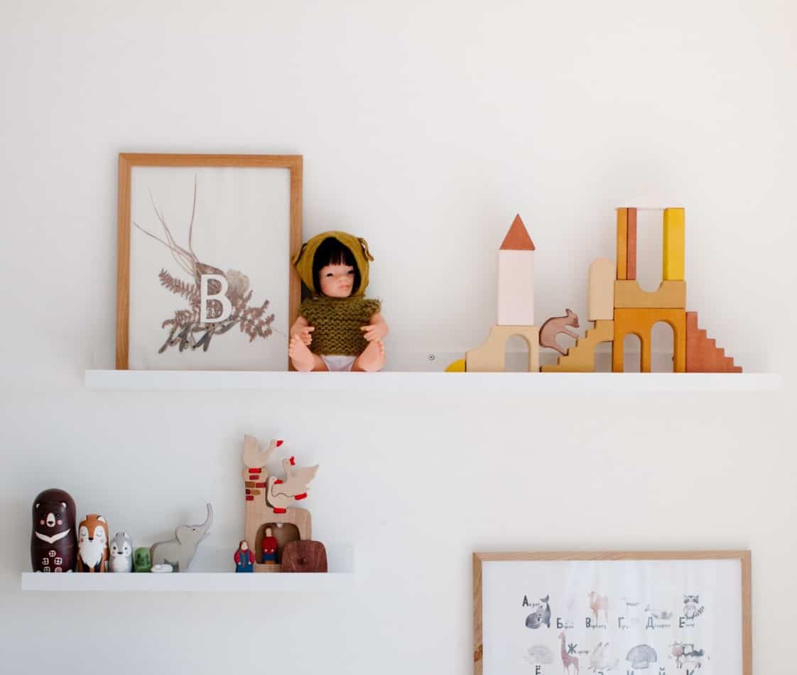 Floating shelves with toys