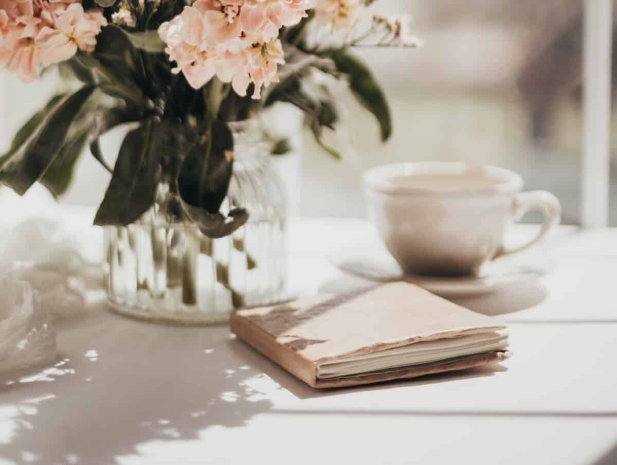 Journal with flowers and tea cup